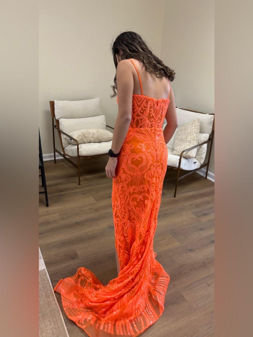 Orange beaded Lace Spaghetti Strap Prom Dress with Front Slit nwt size 6 - Picture 5 of 6